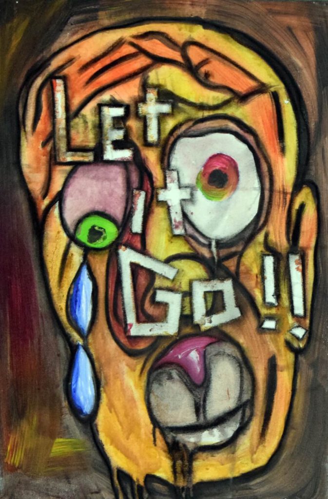Abstraktes Bild, Kopf mit der Aufschrift "Let it go"
